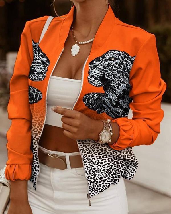 Leopard Printed Stitching Zipper Jackets Outerwear