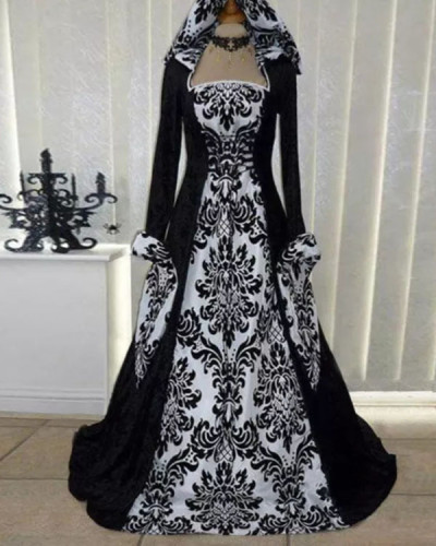 Halloween Long Sleeve Lace-up Print Dress