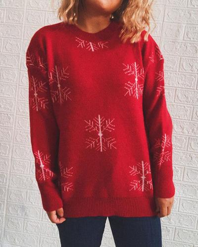 Christmas Elk Bell Snowflake Bow Print Knitted Pullover Sweater