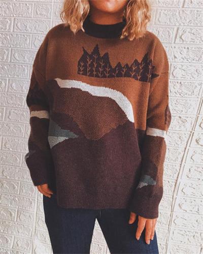 Round Neck Long Sleeve Forest Pattern Sweater Pullover