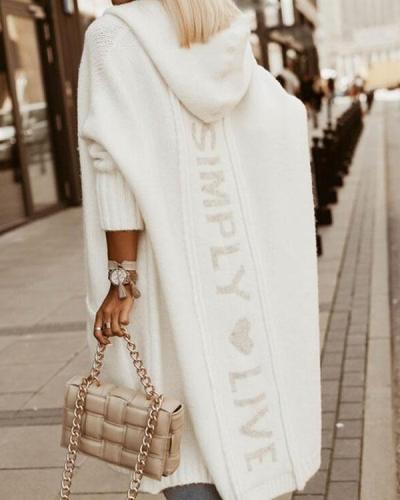 Casual Hooded Print Long Knit Sweater cardigan with Pockets