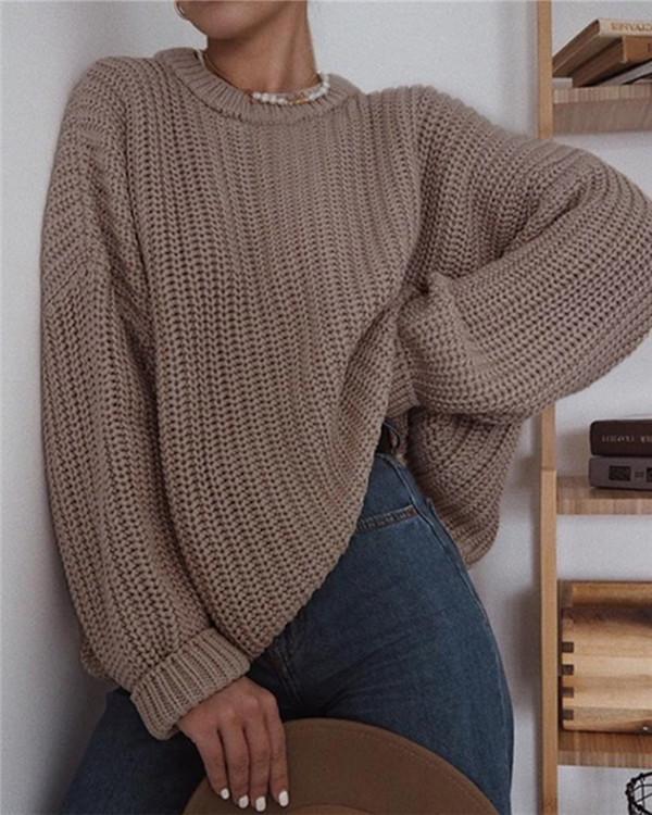 Round Neck Pullover Solid Color Loose Sweater