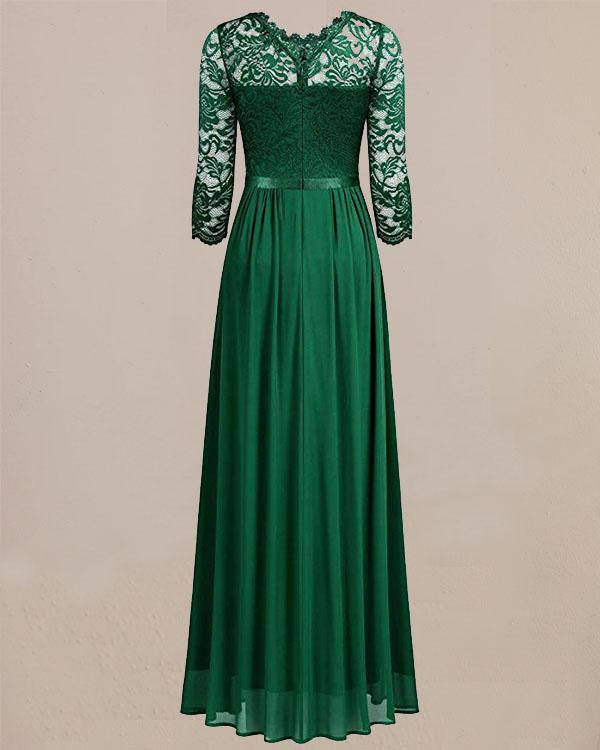 Elegant Lace Patchwork Evening Party Dress Long Sleeve Prom Maxi Dress