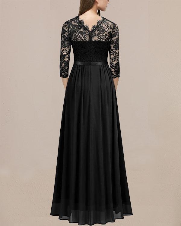 Elegant Lace Patchwork Evening Party Dress Long Sleeve Prom Maxi Dress