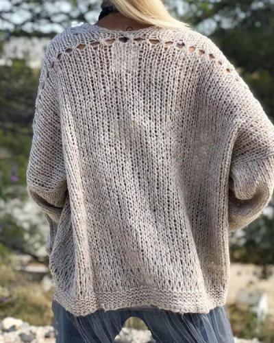 Vintage Casual Hollow Crotchet Plain Knit Sweater Cardigan