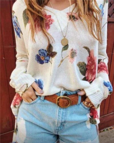 Patterned V-neck Blouse with Long Sleeves