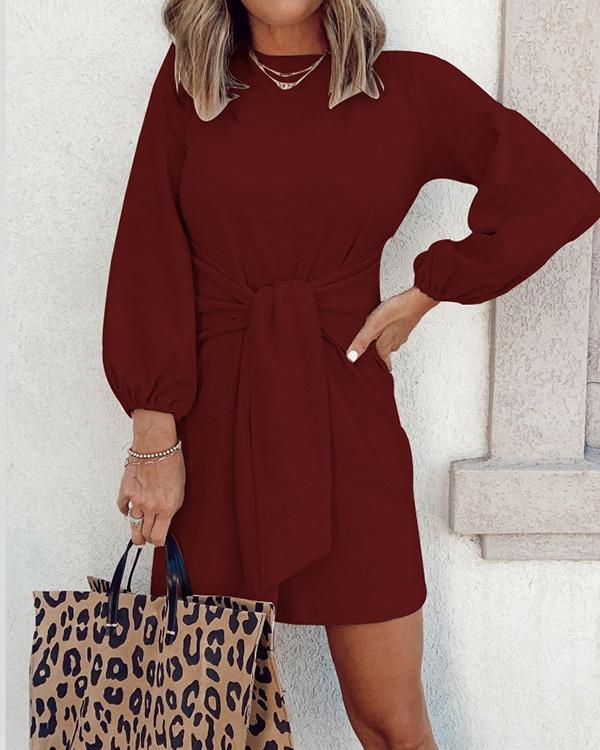 Solid Color Round Neck Long Sleeve Dress
