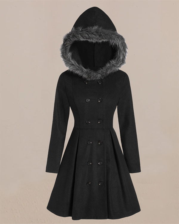 Hooded Fur Double-breasted Midi Coat