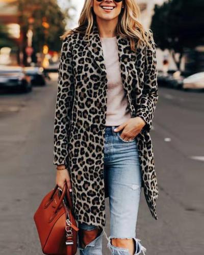 Leopard Print Slim-fit Woolen Coat