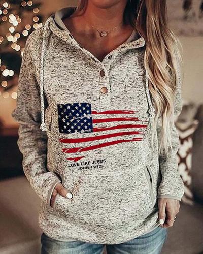 American Flag Print Cotton-Blend Hoodie Winter Sweatshirt