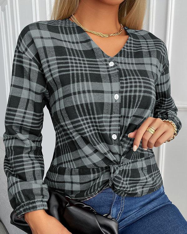 Women Button Plaid V Neck Pullover Shirt