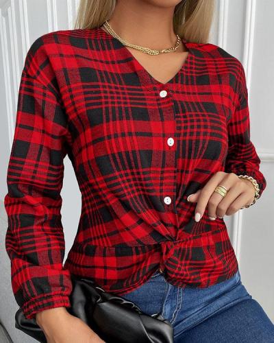 Women Button Plaid V Neck Pullover Shirt
