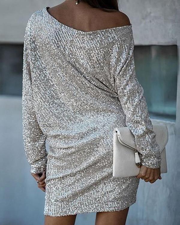 Fashion Sequins One Shoulder Long Sleeve Daily Mini Dress