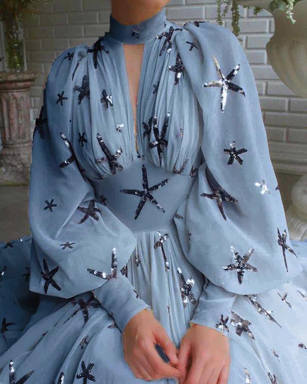 Star Sequin Lantern Sleeve Chiffon Slit Dress(3 Colors)