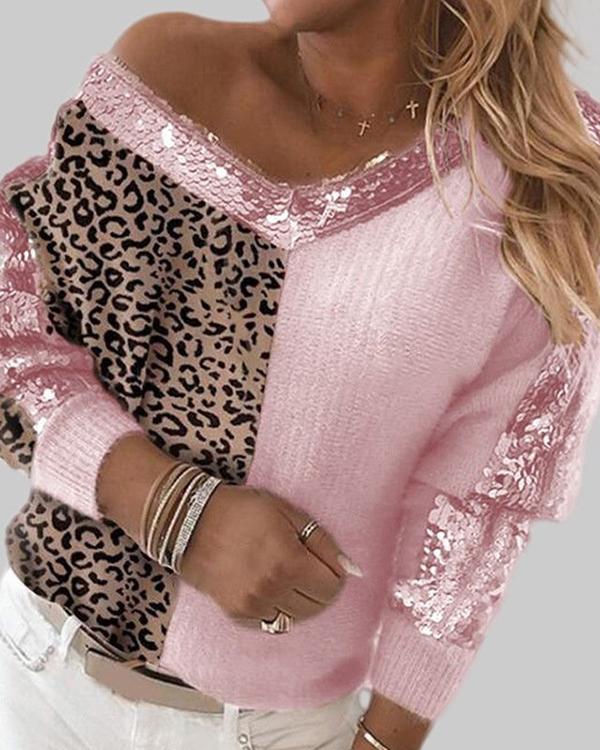Leopard Print V-neck Stitching Sweater