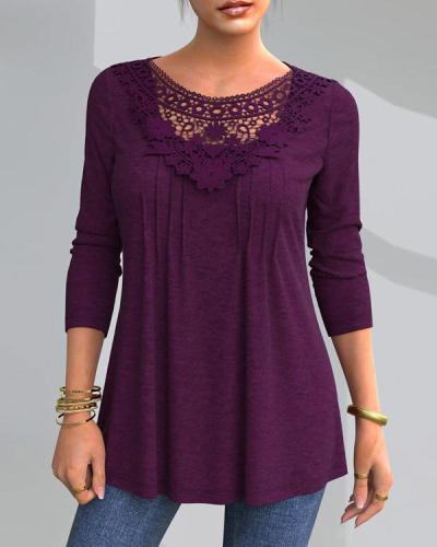 Elegant Slim Lace Pleated Solid Color Tunic Shirt & Tops