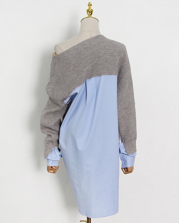 Women Minimalism Knitting V-neck Shirt Patchwork Sweater Shirt