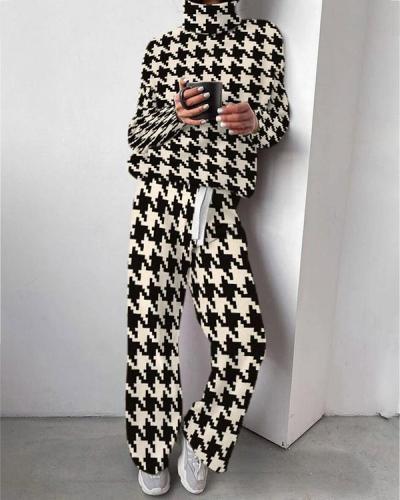 Women's Sets Printed High Collar Long Sleeve Top & Trousers Two-Piece Suit