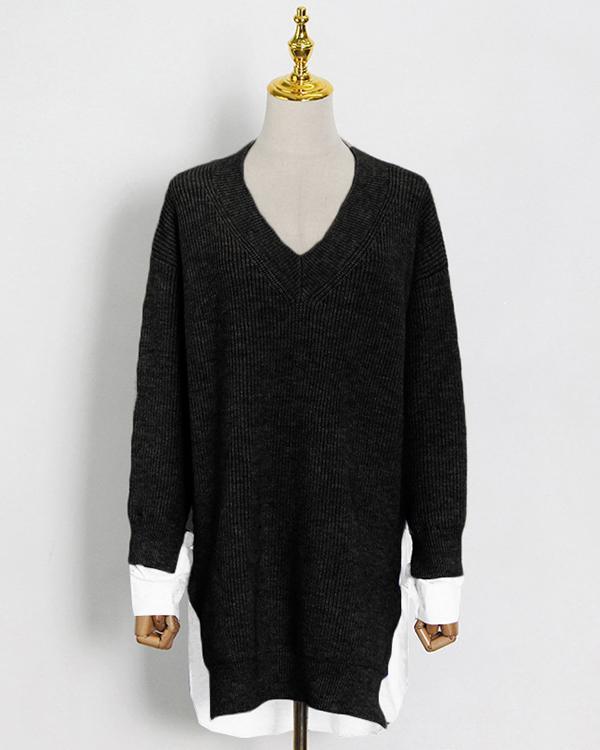 Women Minimalism Knitting V-neck Shirt Patchwork Sweater Shirt