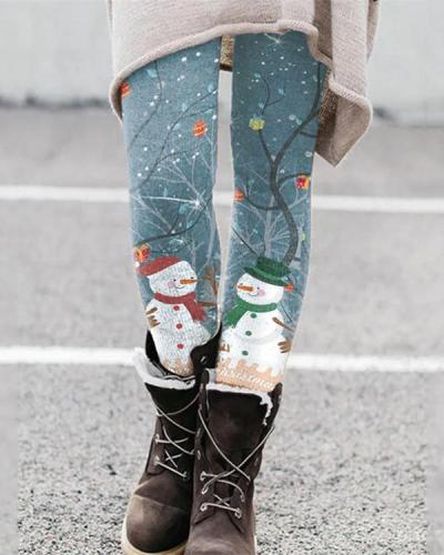 Women Painting Christmas Snowman Print Tight Pants & Leggings