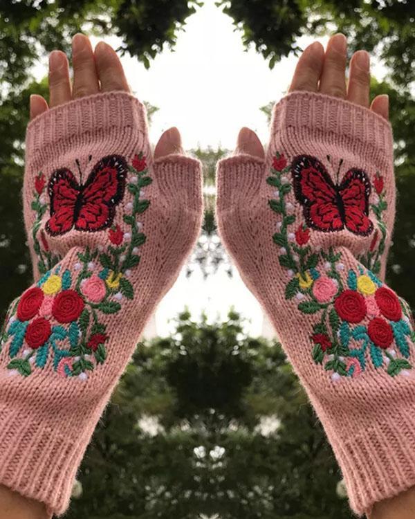Embroidered Butterfly Flower Knitted Gloves Handwarmers