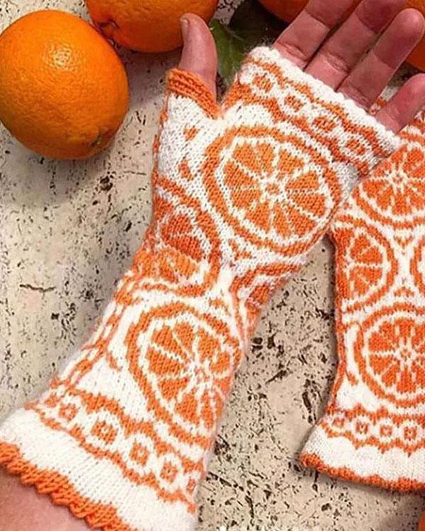 Knitted Orange Pattern Gloves Women's Handwarmers