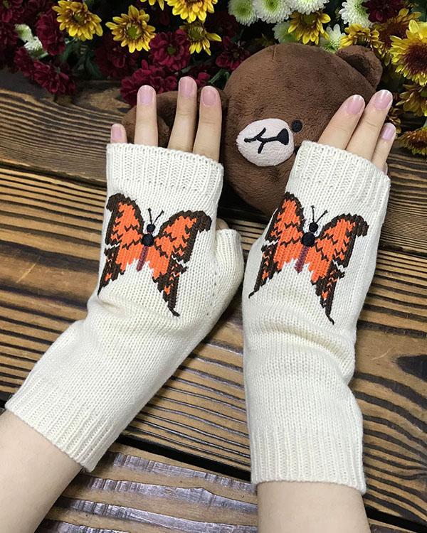 Knitted Big Butterfly Gloves Women's Extended Warm Gloves