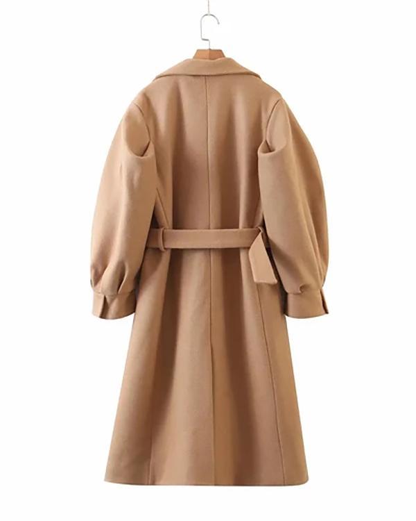 Women Fashion Lepal Neck Long Camel Woolen Coat