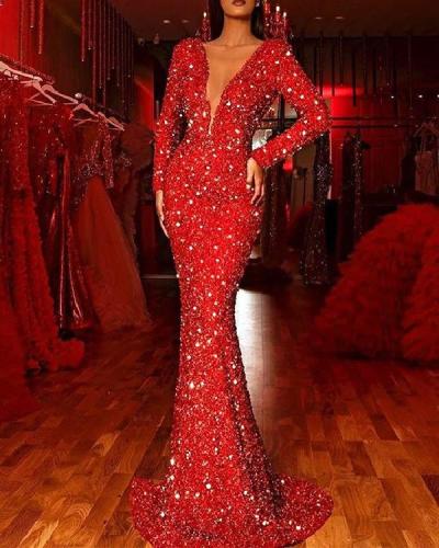 Women  Mermaid red sequined long-sleeved v-neck dress long dress S-XXL