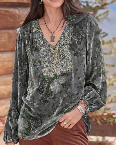 Printed Casual Loose Long Sleeve V-neck Top