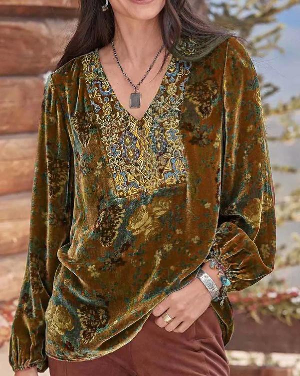 Printed Casual Loose Long Sleeve V-neck Top