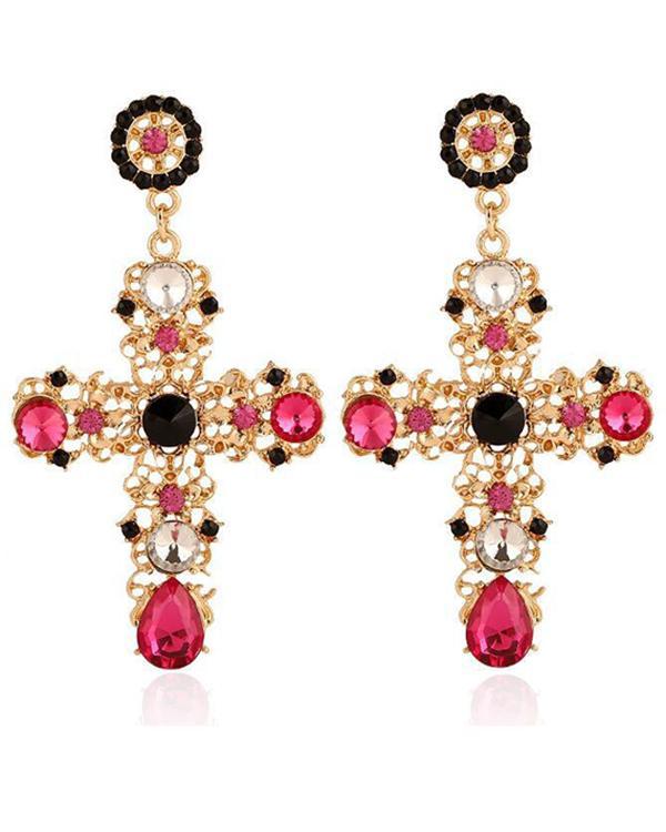Crystal Gem Cross Vintage Big Dangle Earrings