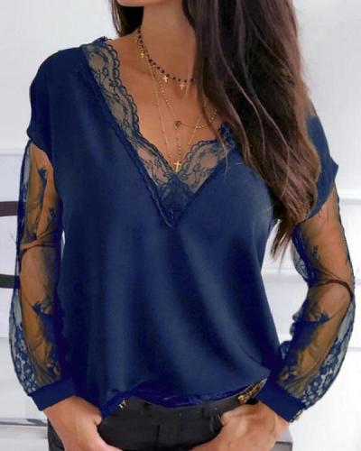 Women's Long Sleeve Lace Stitching V-neckTops S-XL