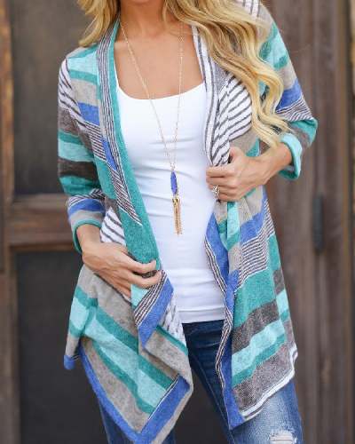 Striped Stitching Three-quarter Sleeve Cardigan Jacket