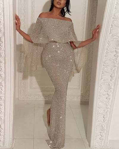 Women Elegant Paillette Boat Neck Ruffled Wrap Split Evening Dress S-XXXL