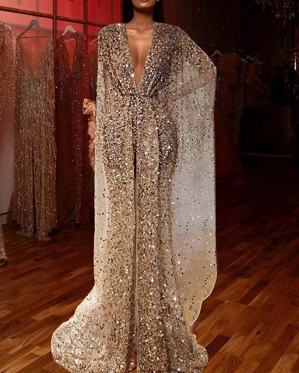 Women Elegant Solid Color Sequin Wrap Breast Dress S-XXL