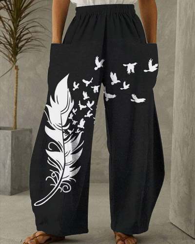 Women's Feather Birds Print Vintage Casual Loose Pants S-5XL