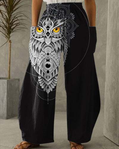 Women's Owl Mandala Print Vintage Casual Loose Pants S-5XL