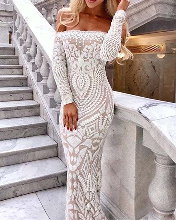 Women's Sexy Off Shoulder Sequined Lace Fishtail Evening Dress S-XXL