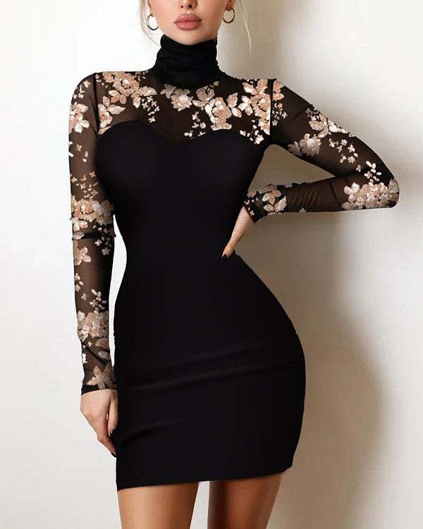 Women Slim Bag Hip Sequin Lace Stitching Black Dress S-XXL