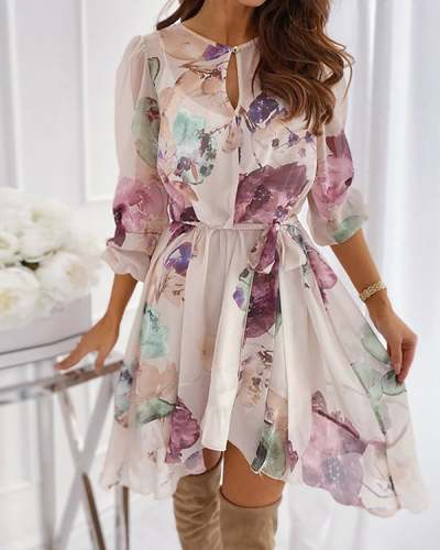 Floral Hollow Out Long Sleeve Mini Dress S-XXXL