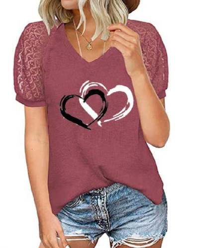 Valentine's Day Summer Solid Heart Print V-Neck Casual Pullover Short Sleeve Loose T-Shirt