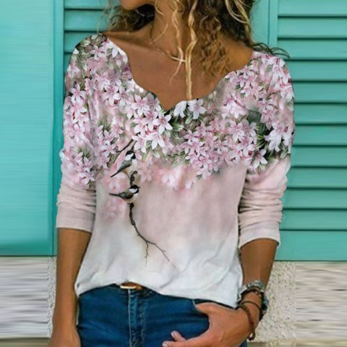Floral Print Women's Casual V-Neck Long-sleeved T-shirt