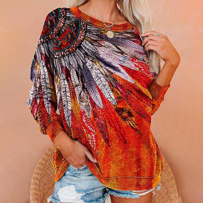 Women's casual ethnic feather long sleeve graphic tees
