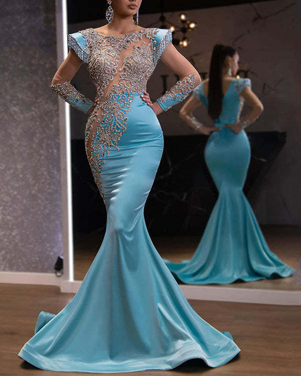 Women's Blue Fishtail Banquet Sand Gold Series Temperament Evening Dress S-3XL