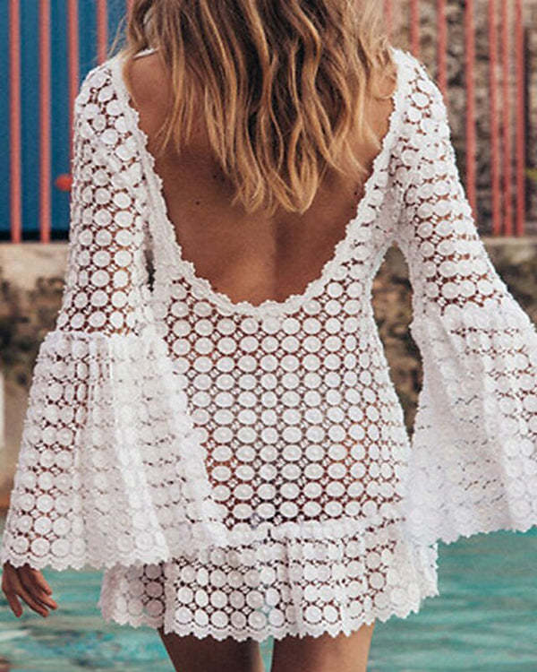 Backless Lace Solid White Beach Dress