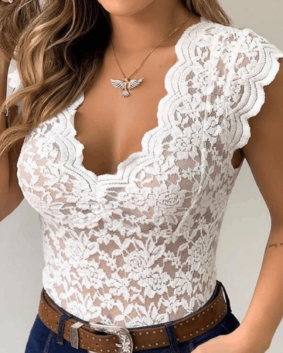 Lace V Neck Casual Solid Tank Top