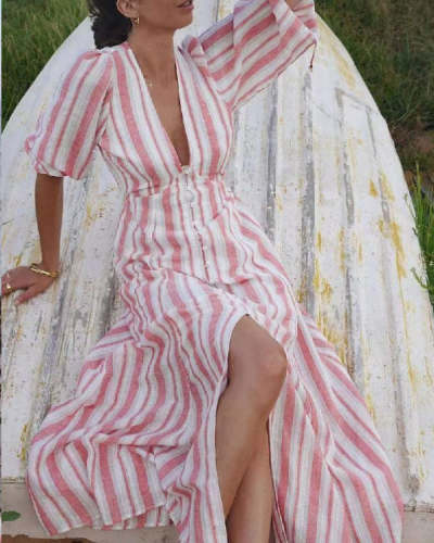 V Neck Striped Half Sleeve Sexy Casual Resort Dress
