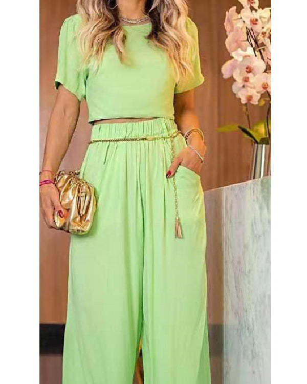 Solid Color Short Sleeve Waist Sexy Shirt Suit