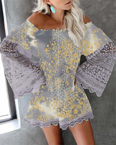 Long-Sleeve Off-Shoulder Printed Lace Loose Mini Dress S-5XL